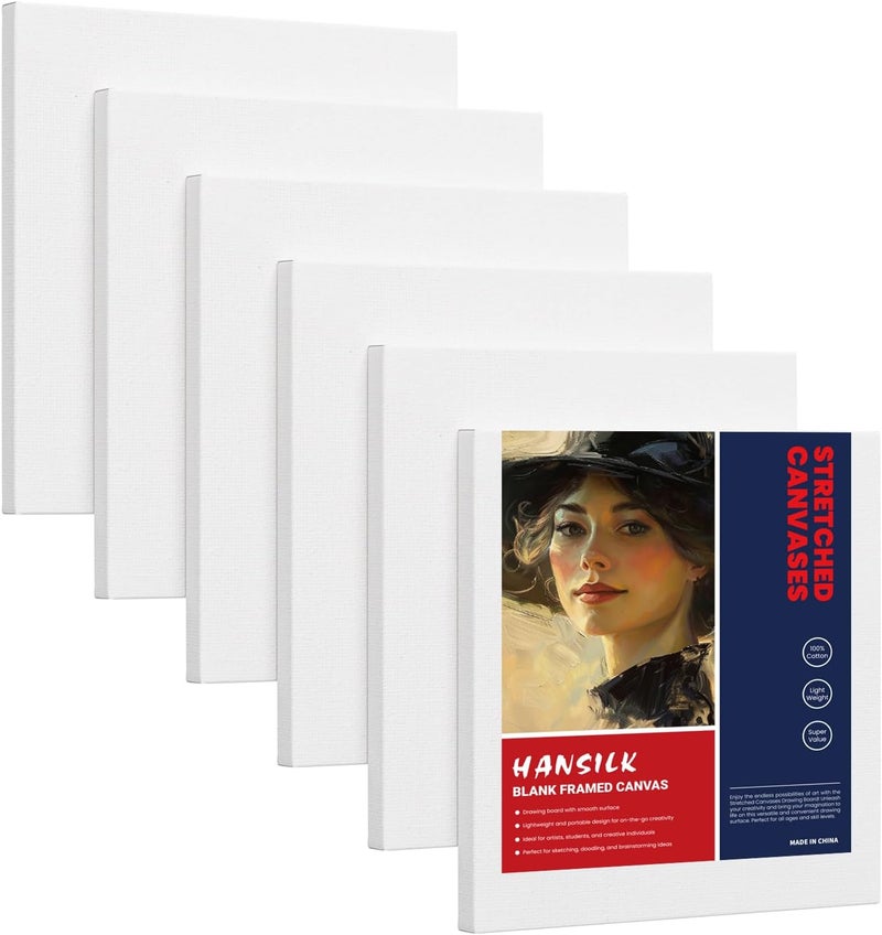 HANSILK Stretched Canvas for Oil/Acrylic Painting 12x12 Inch (6 Pack) - 100% Cotton Triple Primed White Artist Canvas Boards, Blank for Acrylic, Oil, Watercolor - Professional Art Supplies - Image 1